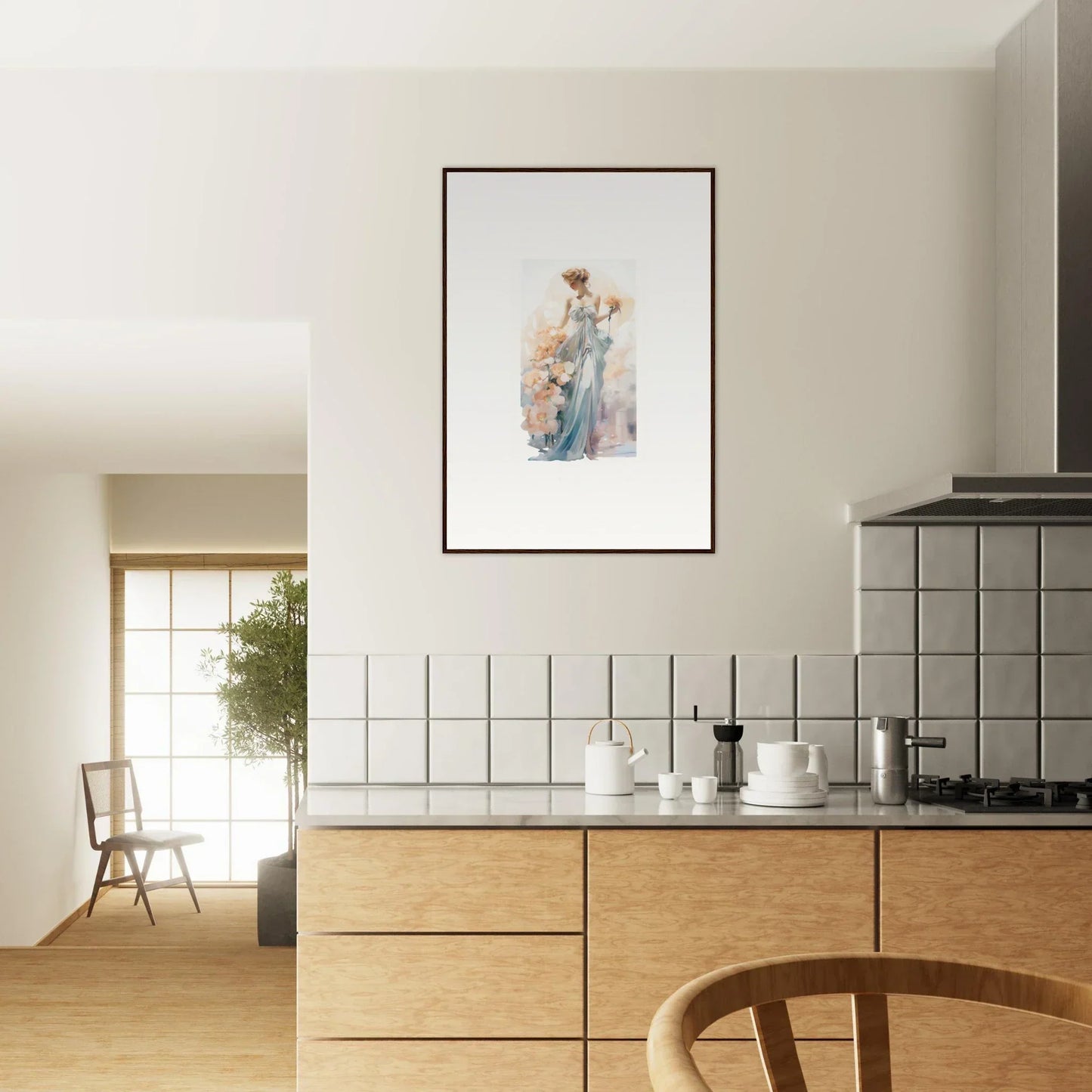 Framed watercolor painting of a delicate figure as elegant room decor or wall art