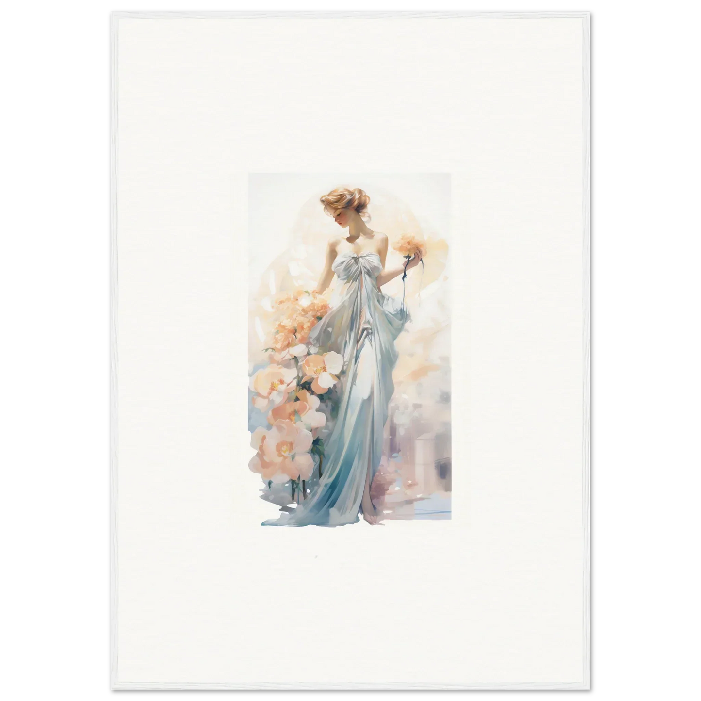 Watercolor painting of an elegant woman in a blue dress for canvas prints room decor