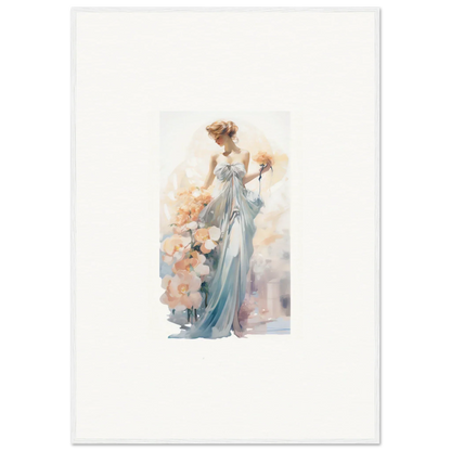 Watercolor painting of an elegant woman in a blue dress for canvas prints room decor