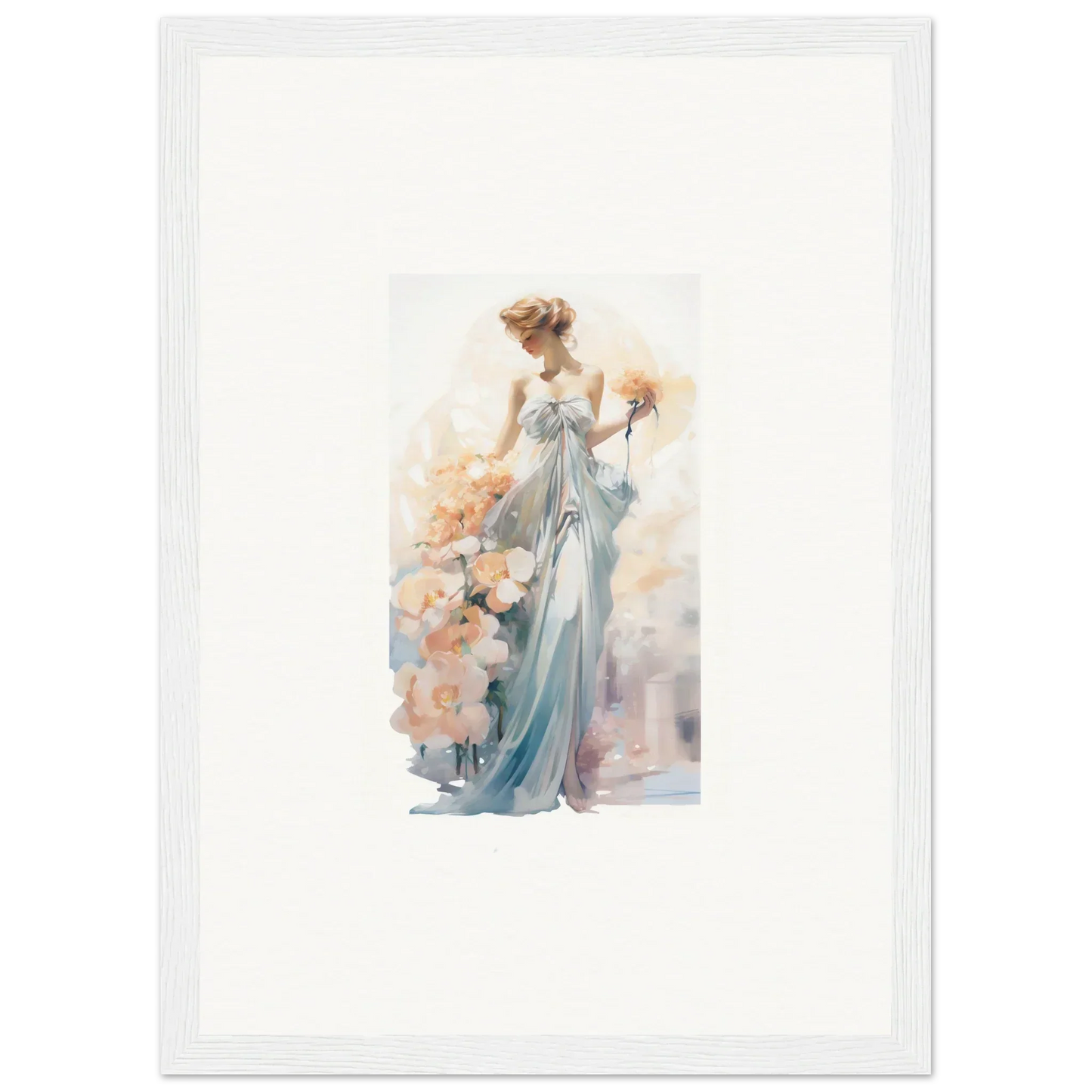 Watercolor painting of an elegant woman in blue dress for framed wall art and room decor