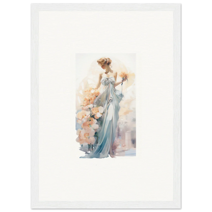 Watercolor painting of an elegant woman in blue dress for framed wall art and room decor