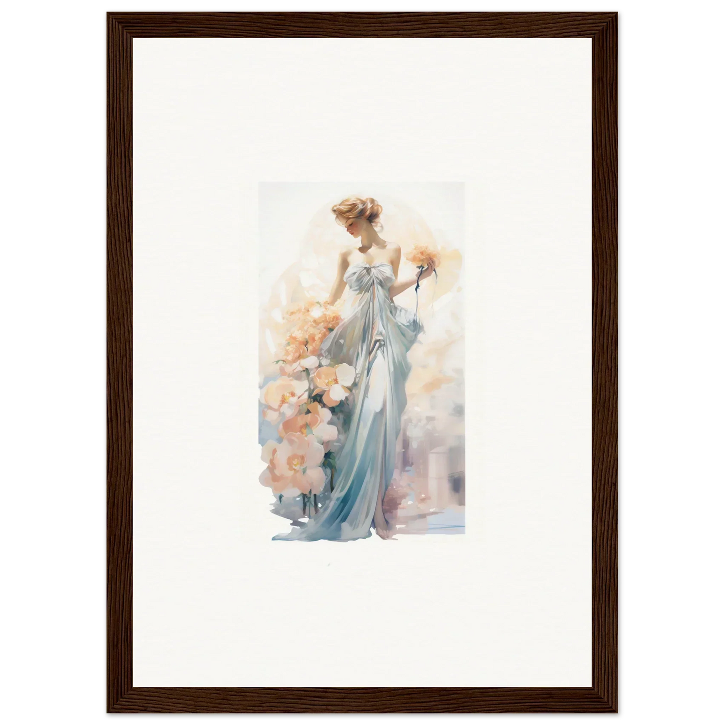 Watercolor painting of an elegant woman in a blue dress for framed wall art