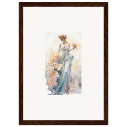 Watercolor painting of an elegant woman in a blue dress for framed wall art