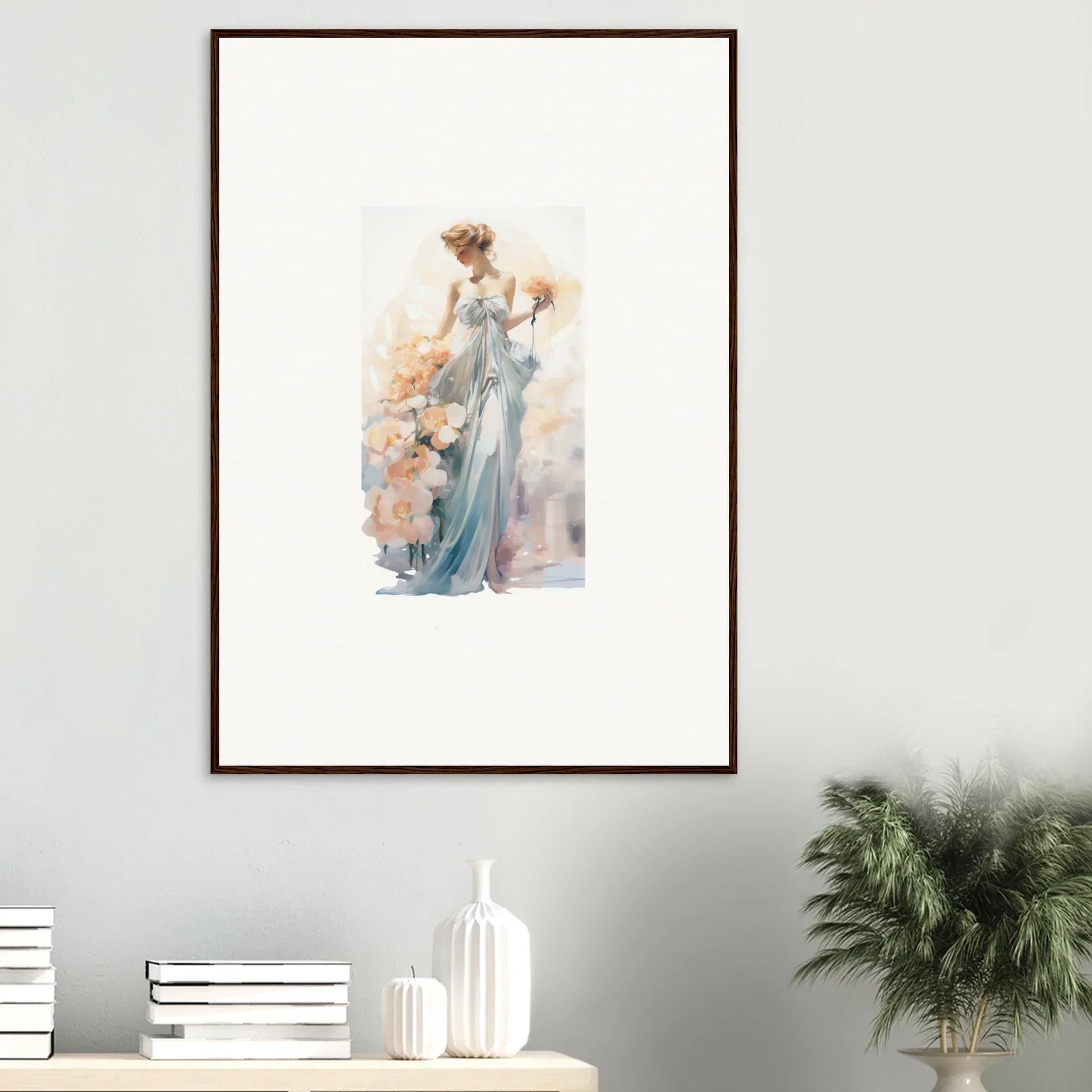 Elegant woman in a blue dress framed wall art for stylish room decor