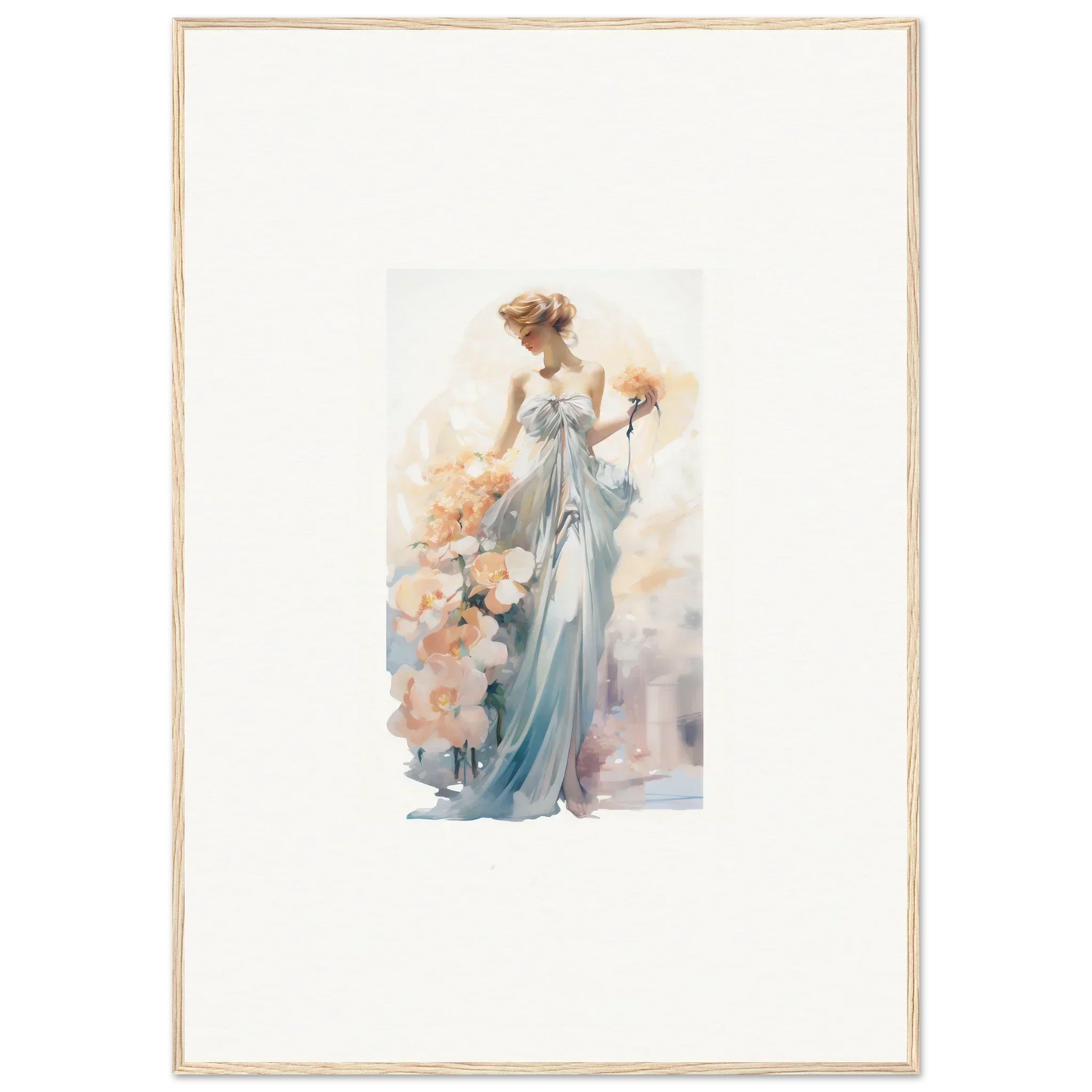 Elegant woman in blue dress with flowers, perfect for framed wall art and room decor