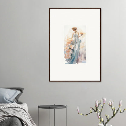 Framed watercolor painting of a graceful figure in a blue dress for room decor