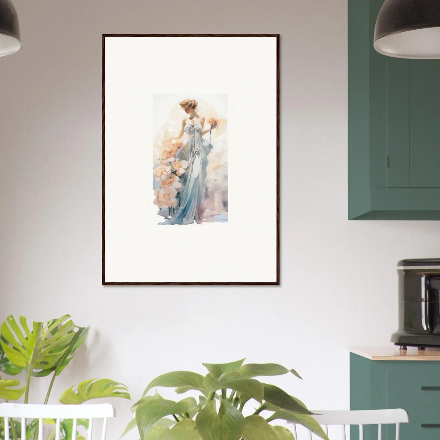 Framed watercolor painting of a woman in a flowing dress, ideal for room decor