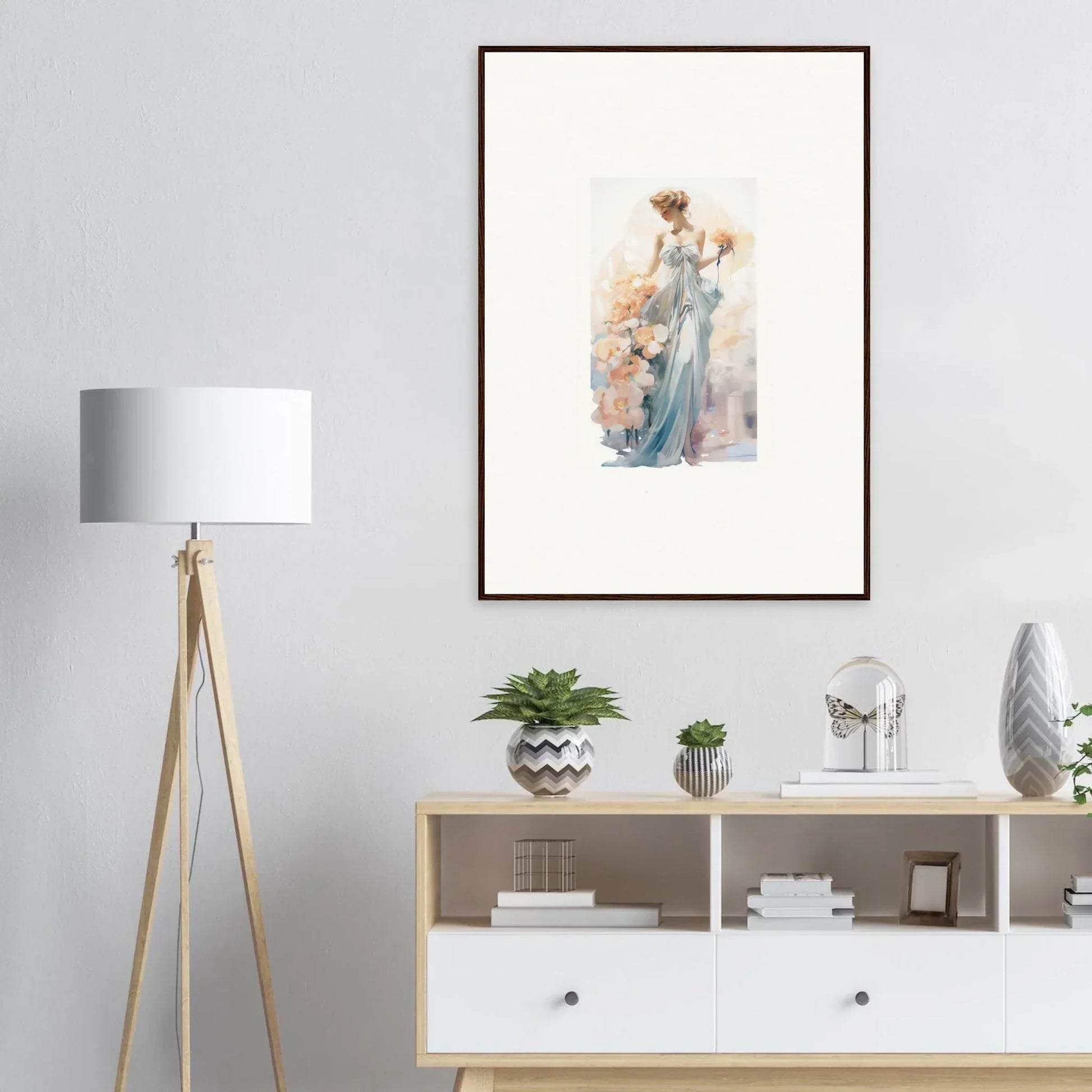 Framed wall art featuring a woman in a blue dress holding flowers, perfect for room decor