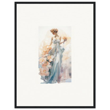 Watercolor painting of an elegant woman in a blue gown, perfect for framed wall art