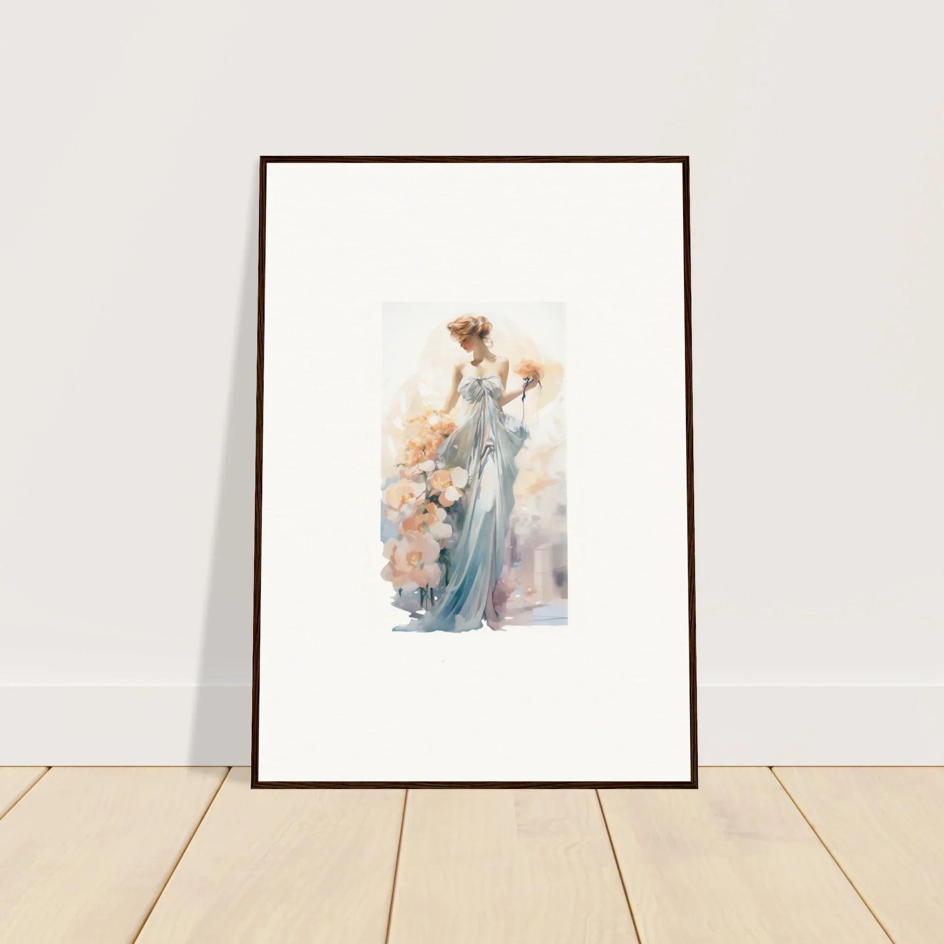 Framed wall art of a woman in blue dress with floral elements for elegant room decor