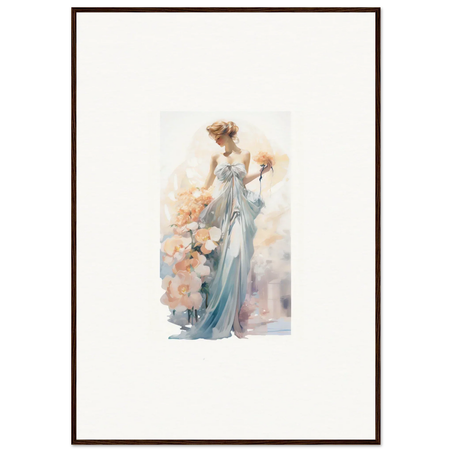 Watercolor painting of an elegant woman in blue dress for room decor or canvas prints