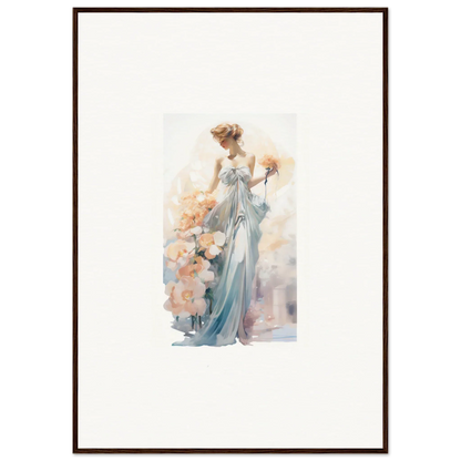 Watercolor painting of an elegant woman in blue dress for room decor or canvas prints