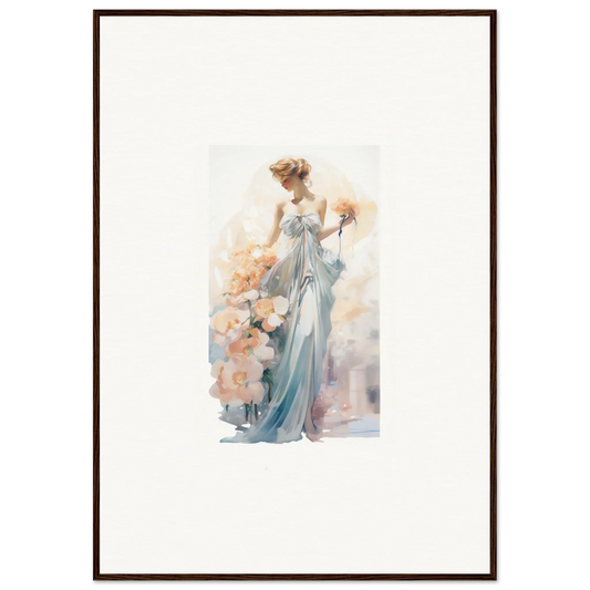 Watercolor painting of an elegant woman in blue dress for room decor or canvas prints