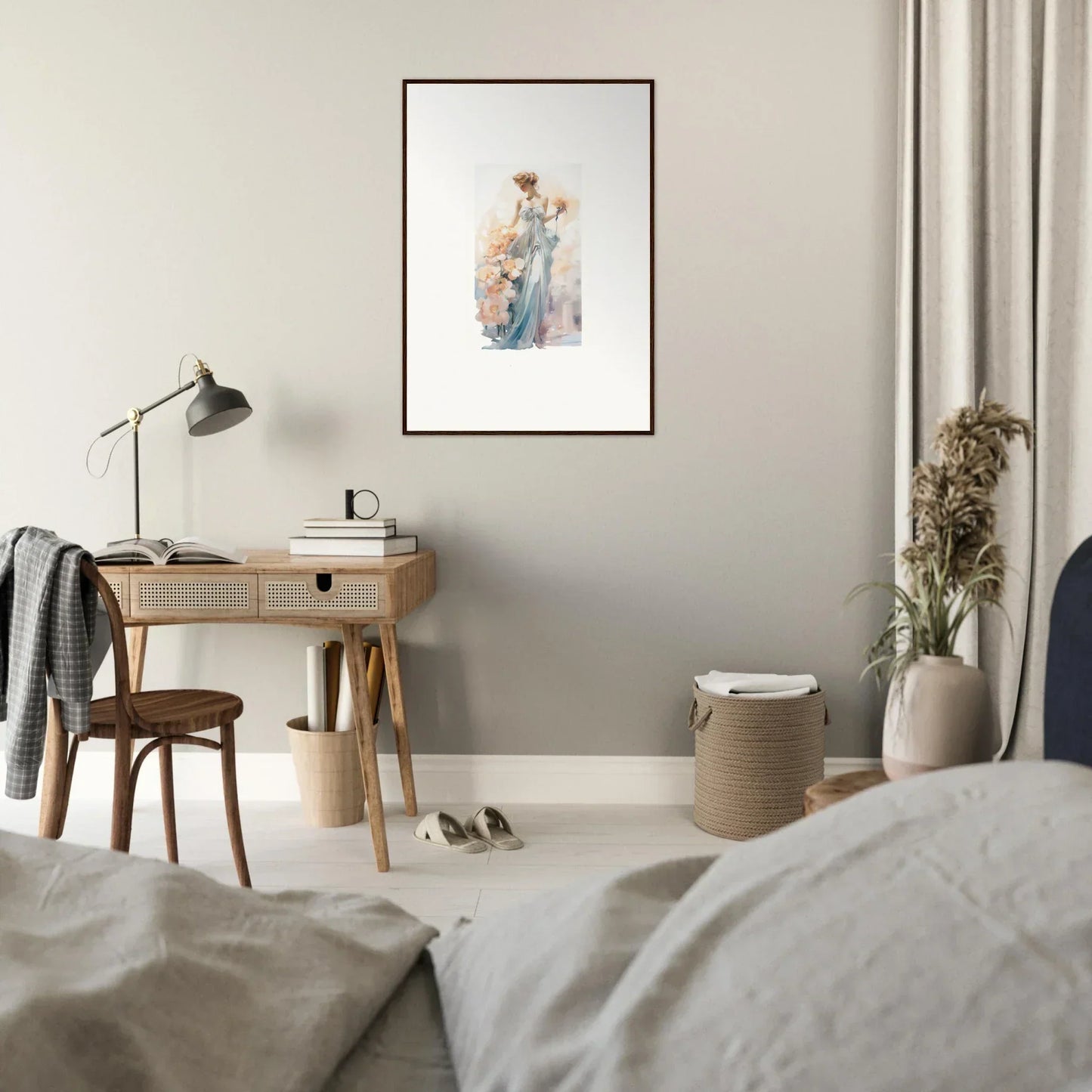 Framed watercolor painting of a figure in blue clothing for elegant room decor