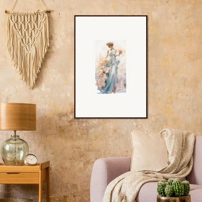 Framed watercolor painting of a woman in a blue dress for stylish room decor