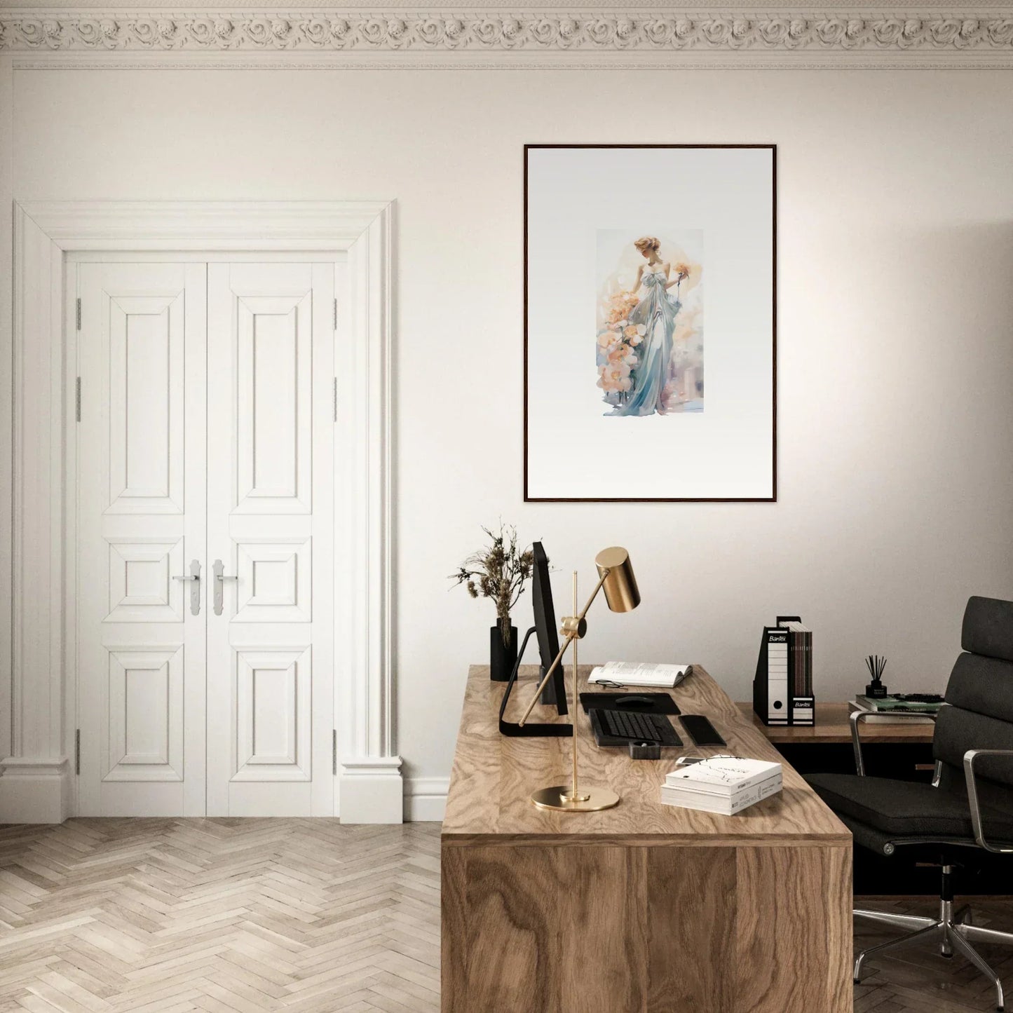 Home office workspace featuring a wooden desk, chair, and colorful framed wall art