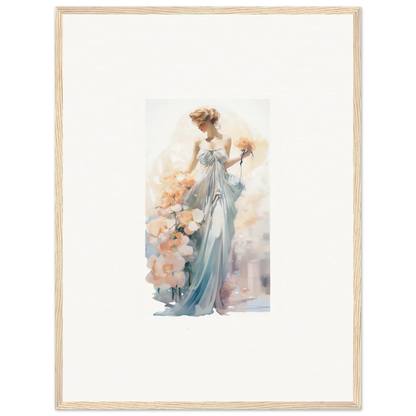 Watercolor painting of an elegant woman in a blue dress, perfect for framed wall art