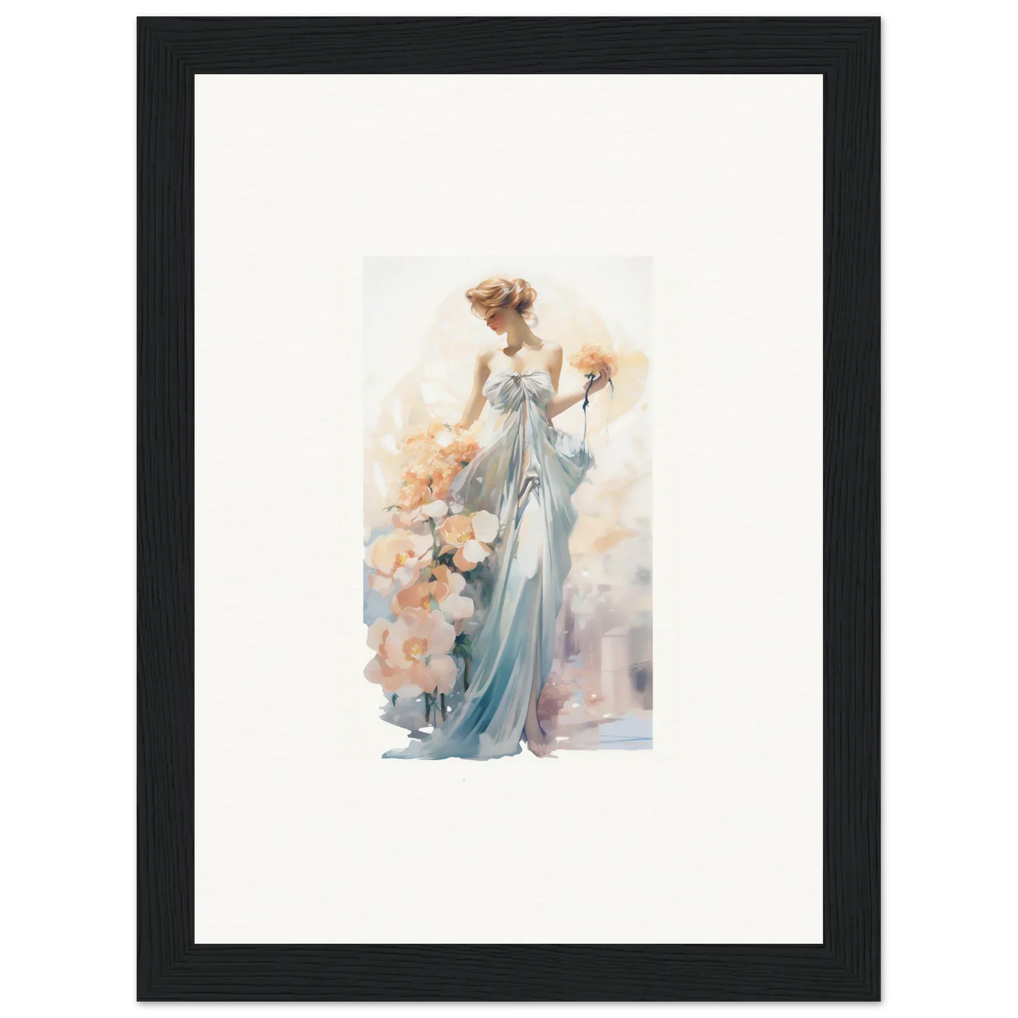 Elegant woman in blue gown with flowers, perfect for room decor or canvas prints