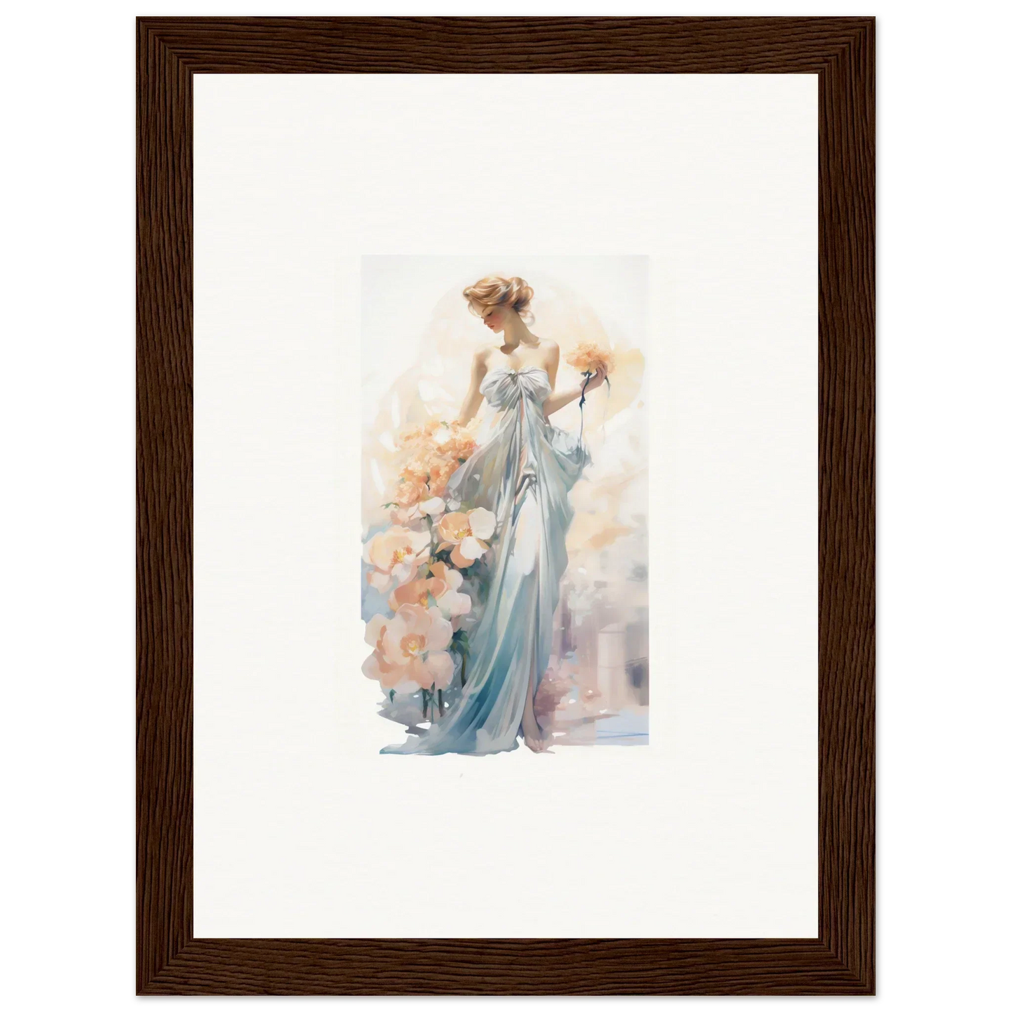 Watercolor painting of an elegant woman in a blue dress, perfect for framed wall art