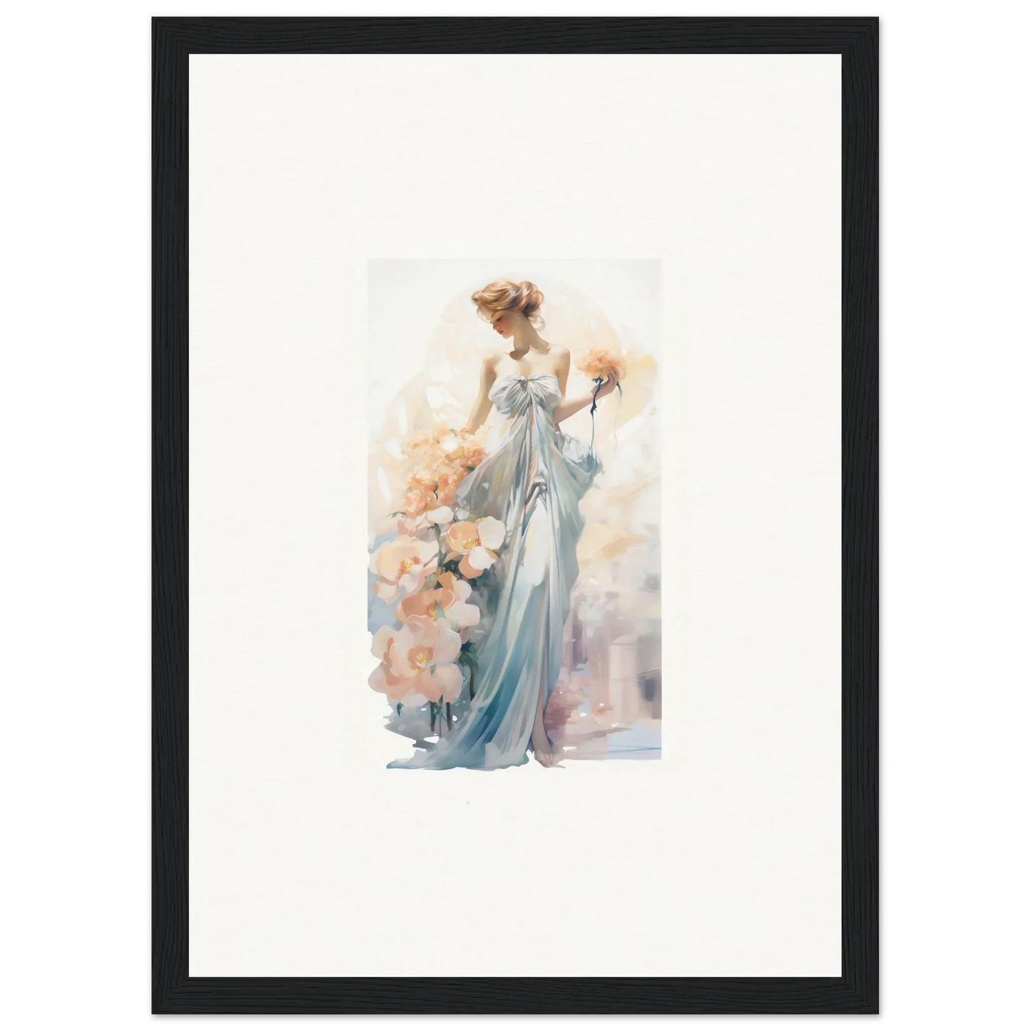 Watercolor painting of an elegant woman in blue dress, perfect for framed wall art