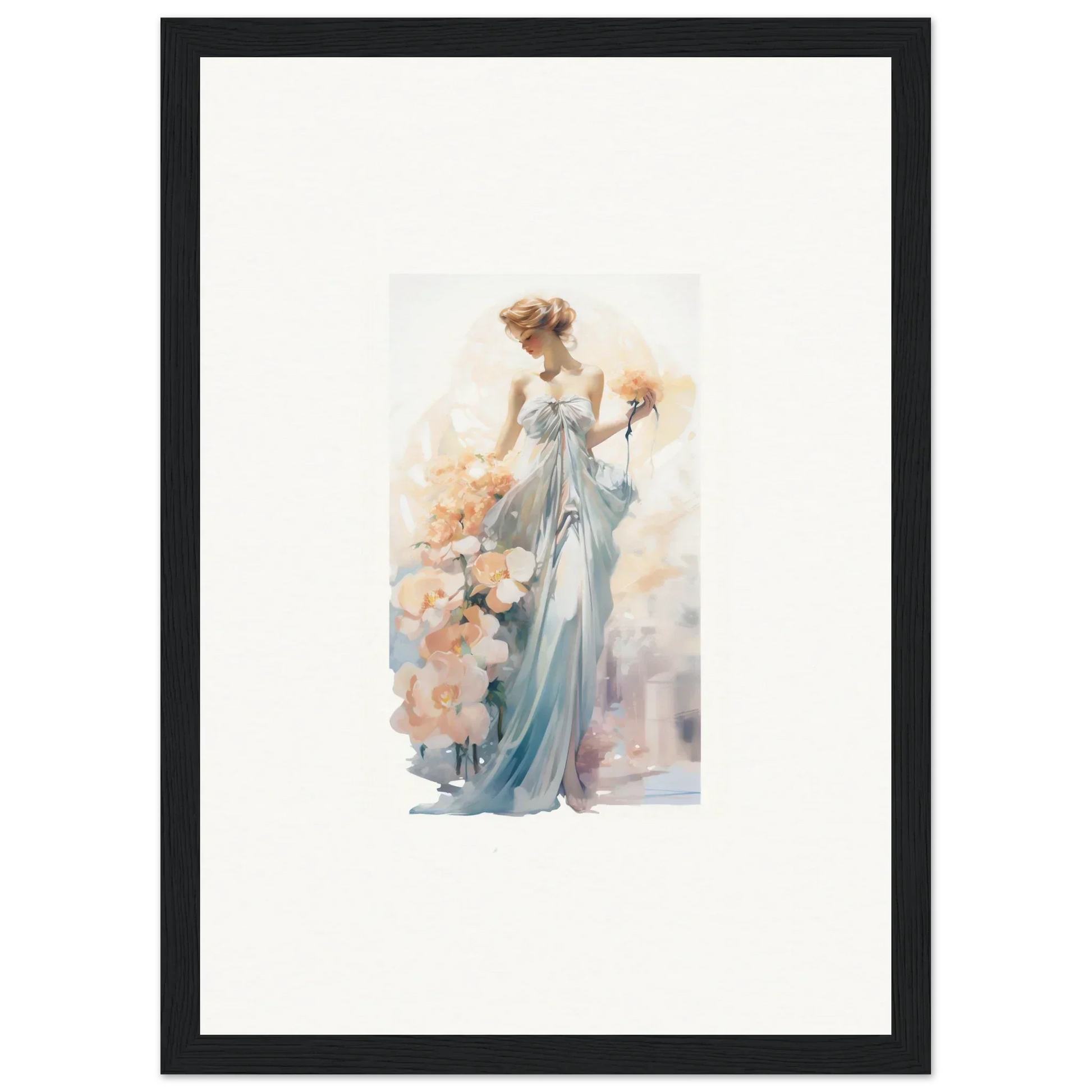 Watercolor painting of an elegant woman in blue dress, perfect for framed wall art