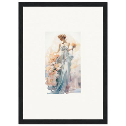 Watercolor painting of an elegant woman in blue dress, perfect for framed wall art