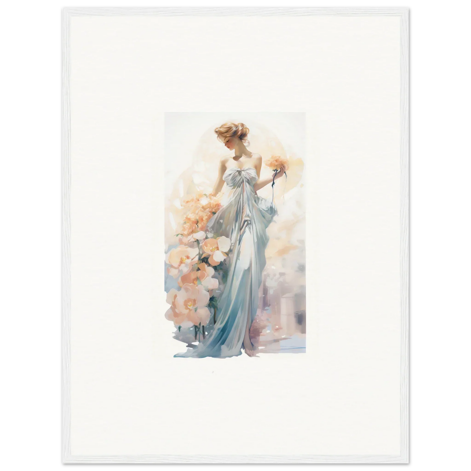 Elegant woman in blue-gray gown holding flowers, perfect for framed wall art and room decor