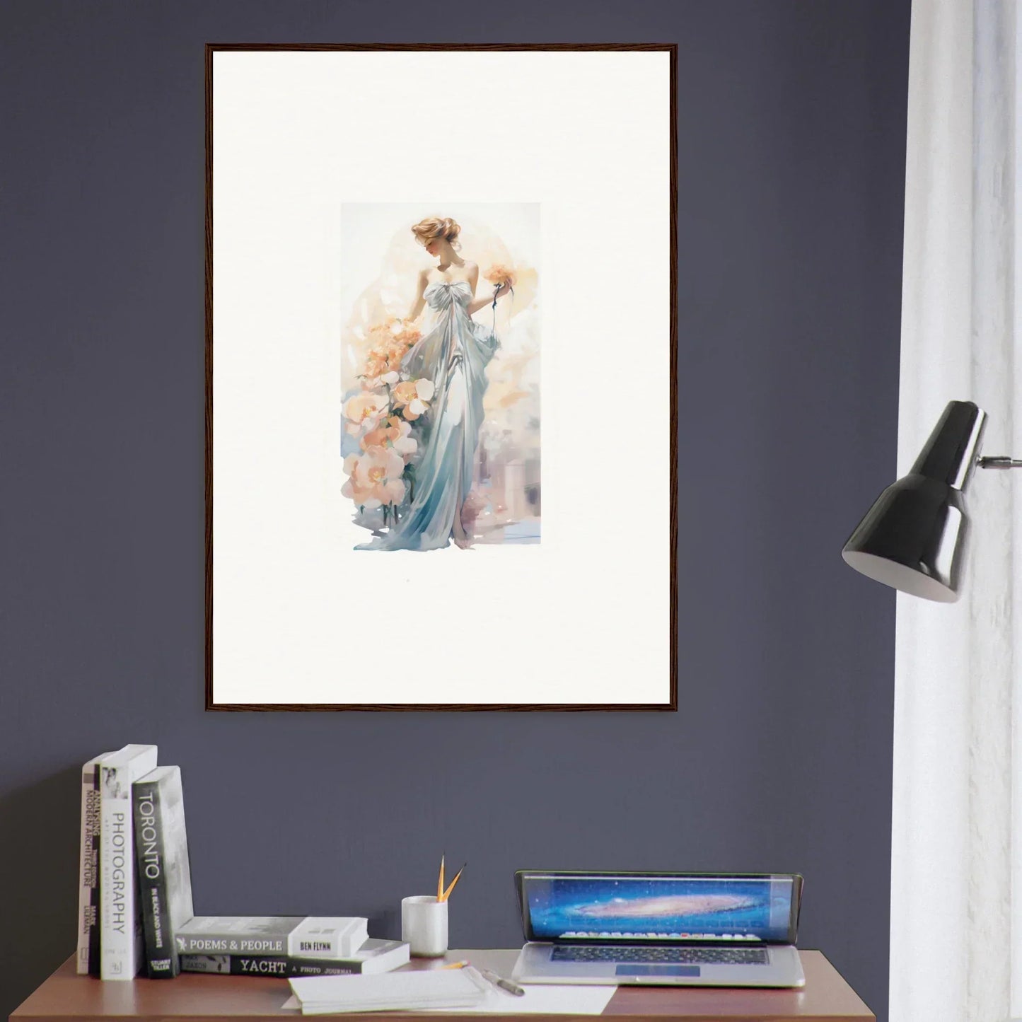 Framed watercolor painting of an elegant woman in blue dress for room decor