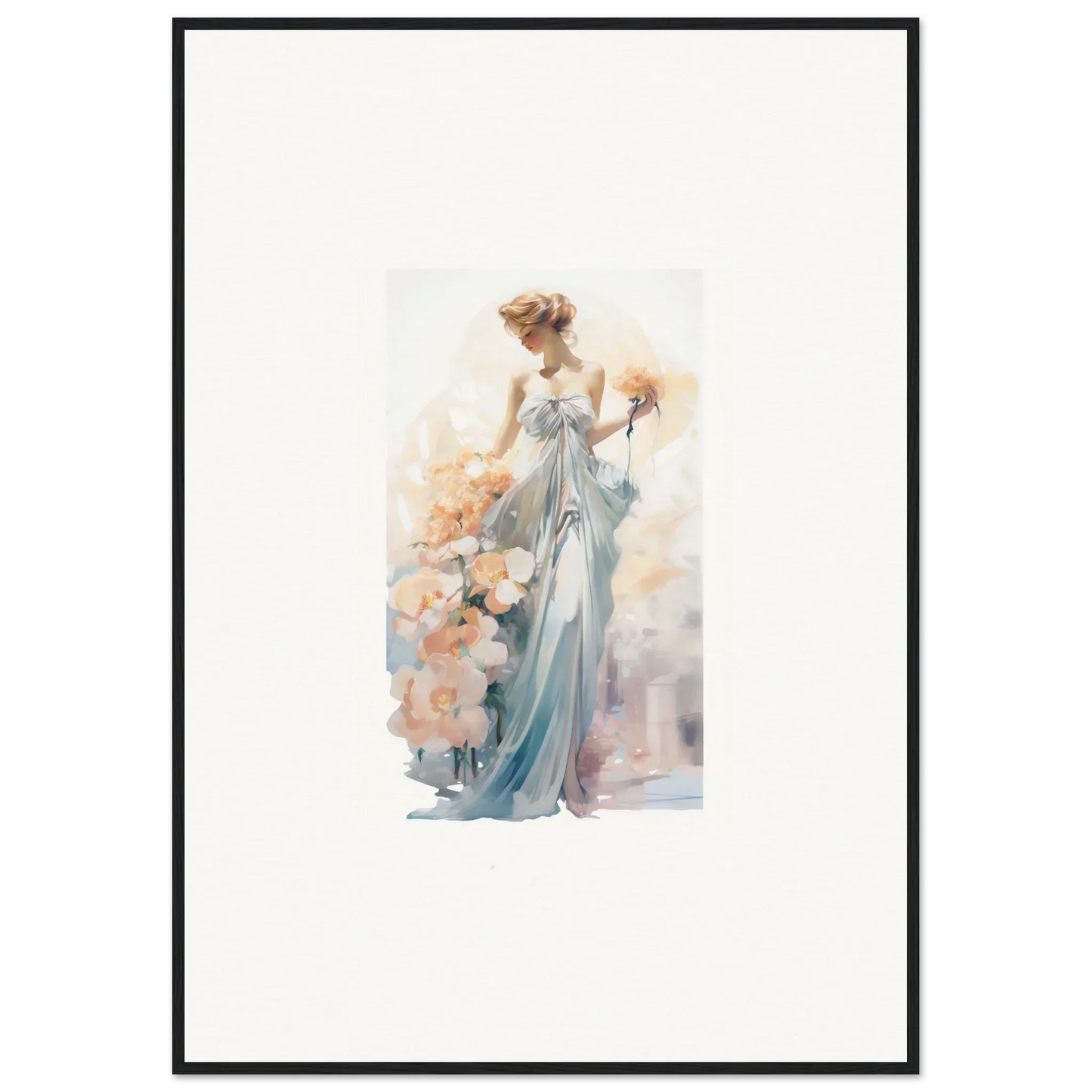 Ethereal watercolor painting of a graceful woman for elegant room decor and framed wall art