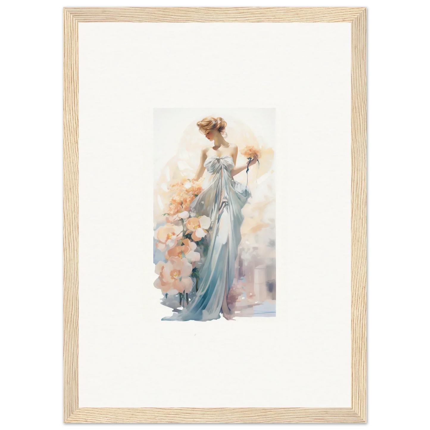 Framed watercolor painting of elegant woman in blue dress, perfect for room decor