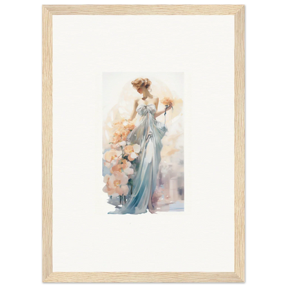 Framed watercolor painting of elegant woman in blue dress, perfect for room decor