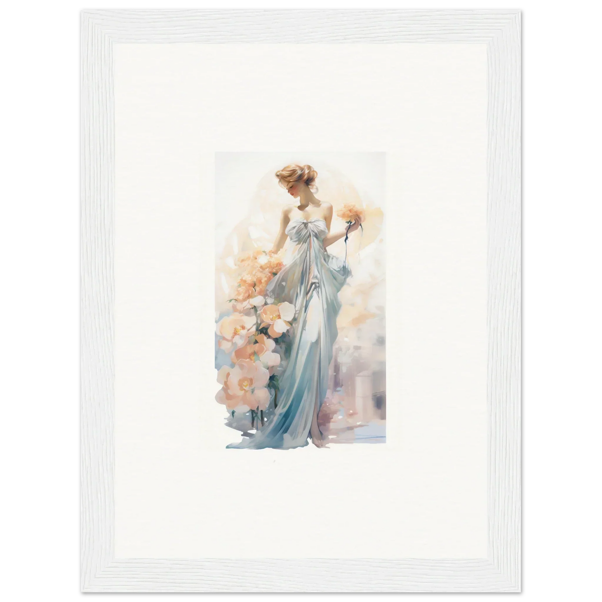 Elegant woman in blue gown with flowers, perfect for room decor and canvas prints