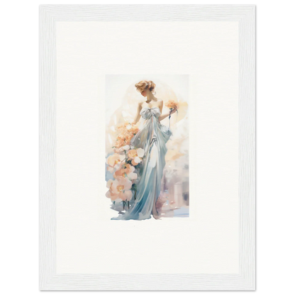 Elegant woman in blue gown with flowers, perfect for room decor and canvas prints