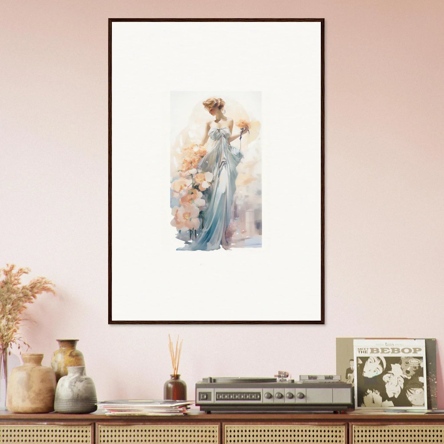 Framed wall art of an elegant woman in a blue dress for stylish room decor