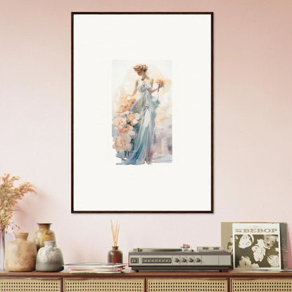 Framed wall art of an elegant woman in a blue dress for stylish room decor