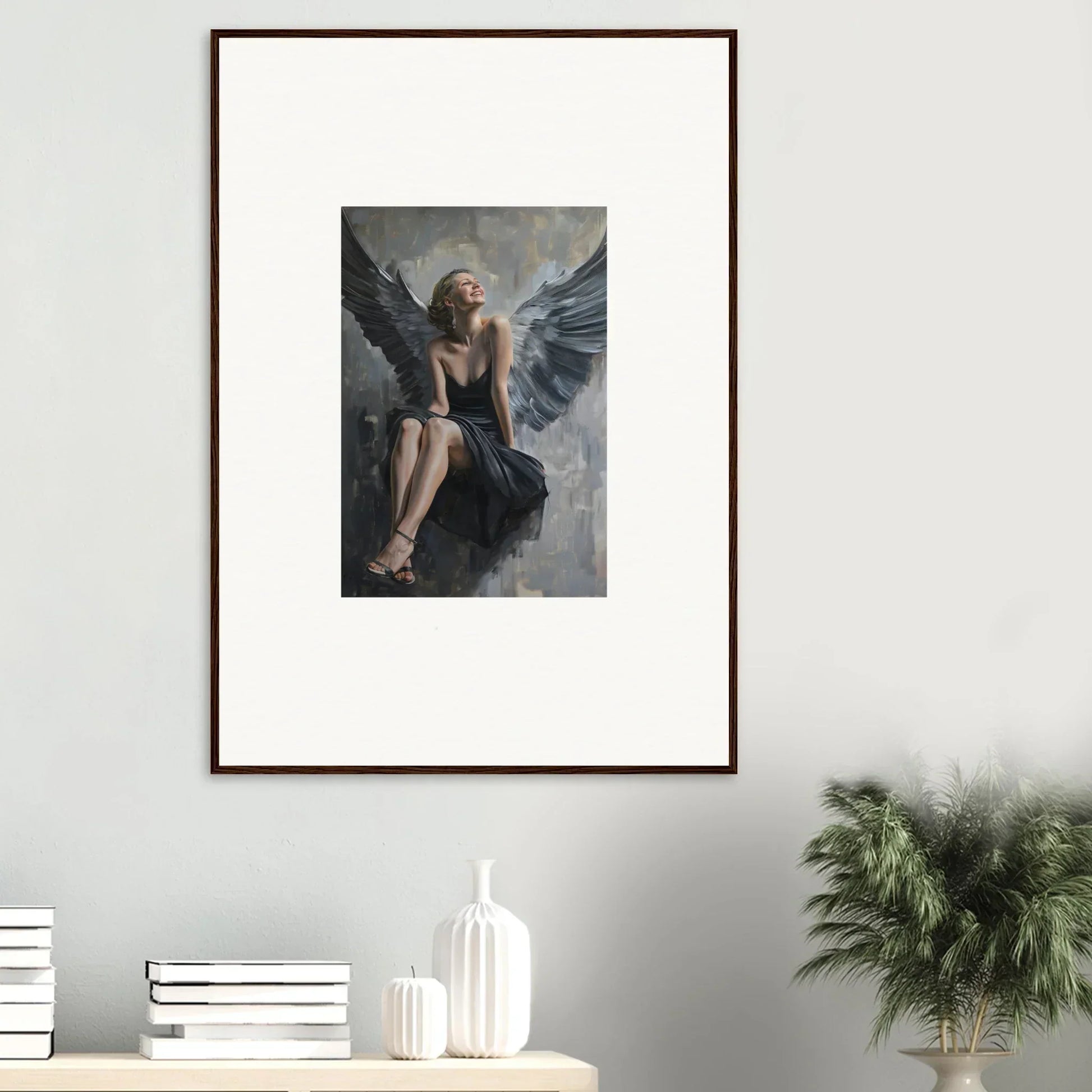 Framed canvas print of a winged figure, perfect for your Reverie Willkommen room decoration