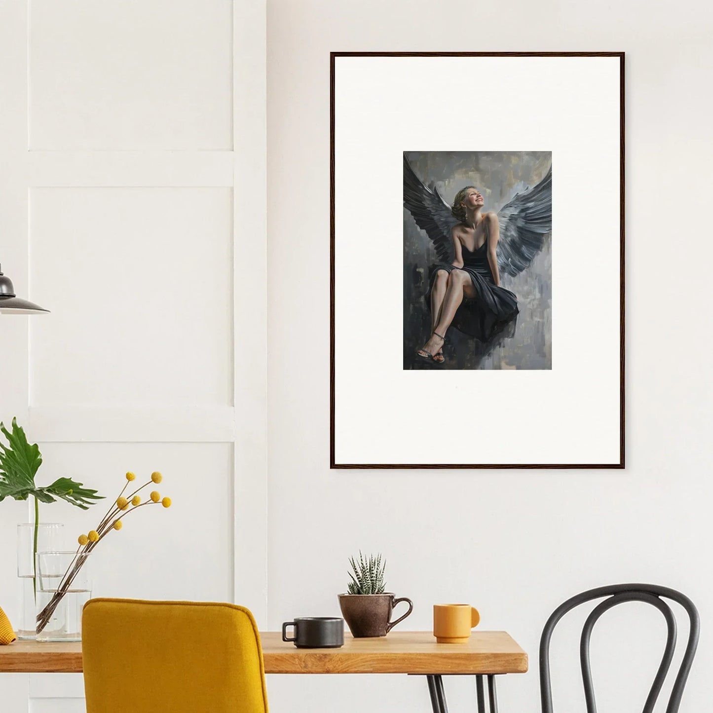 Framed canvas print of a winged figure, perfect for your Reverie Willkommen room decoration