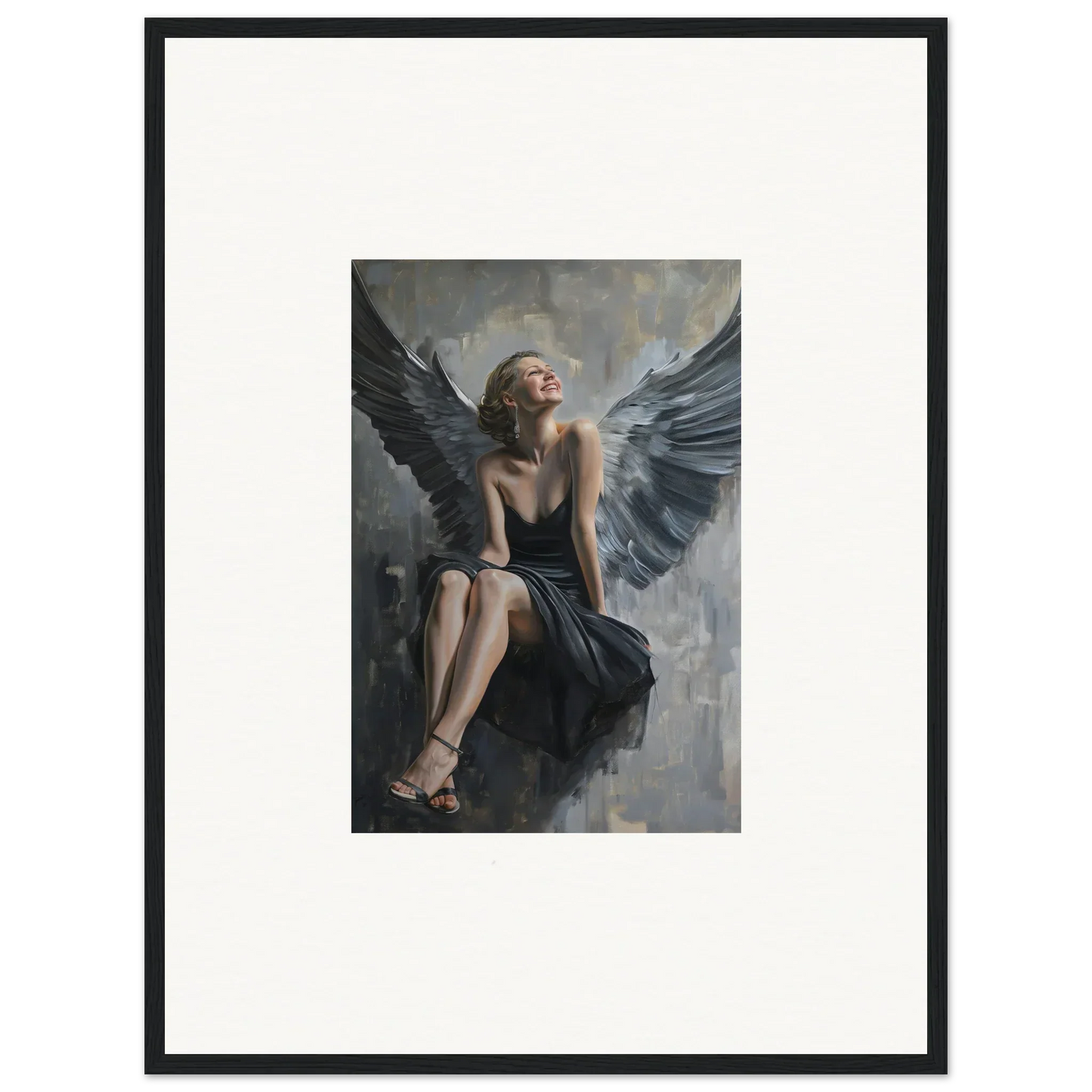 Framed canvas print of a winged woman in a dark dress for stunning room decoration