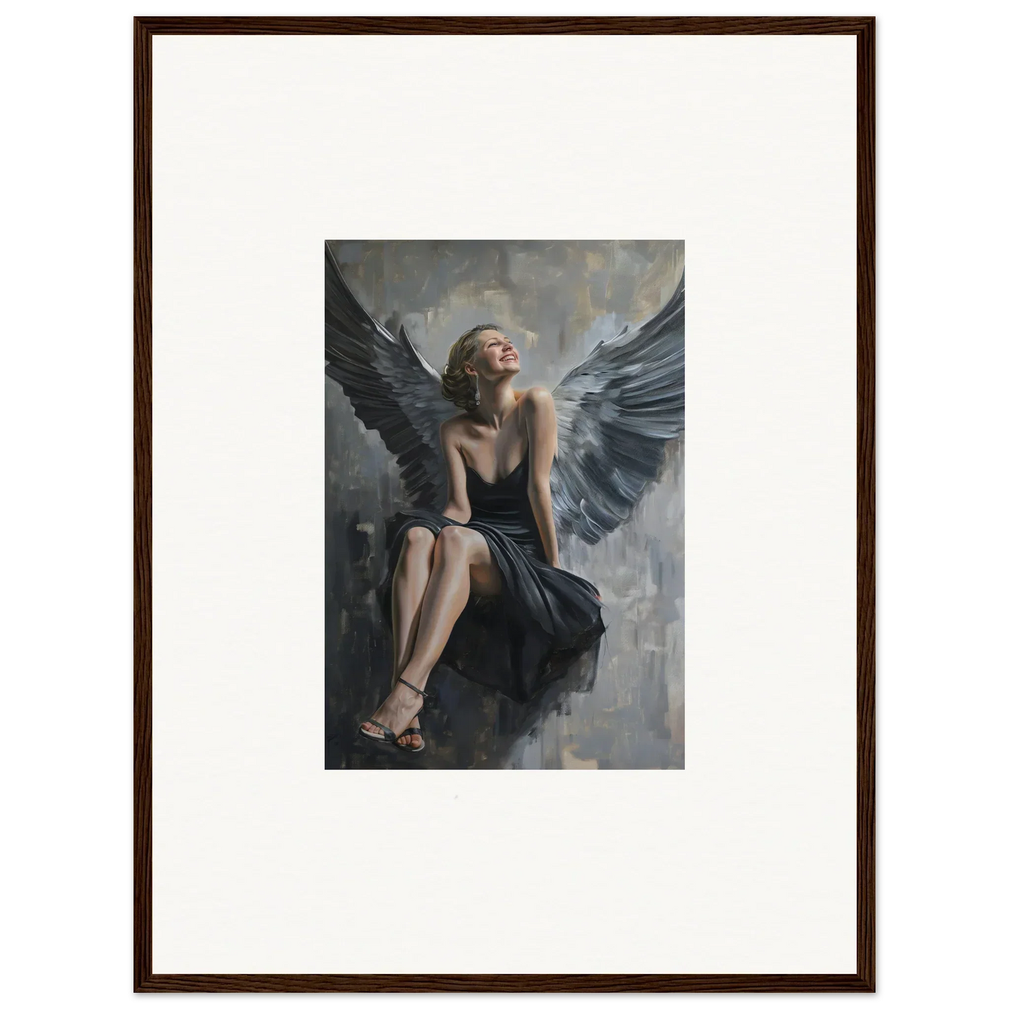 Framed canvas print of winged figure in dark dress for charming room decoration