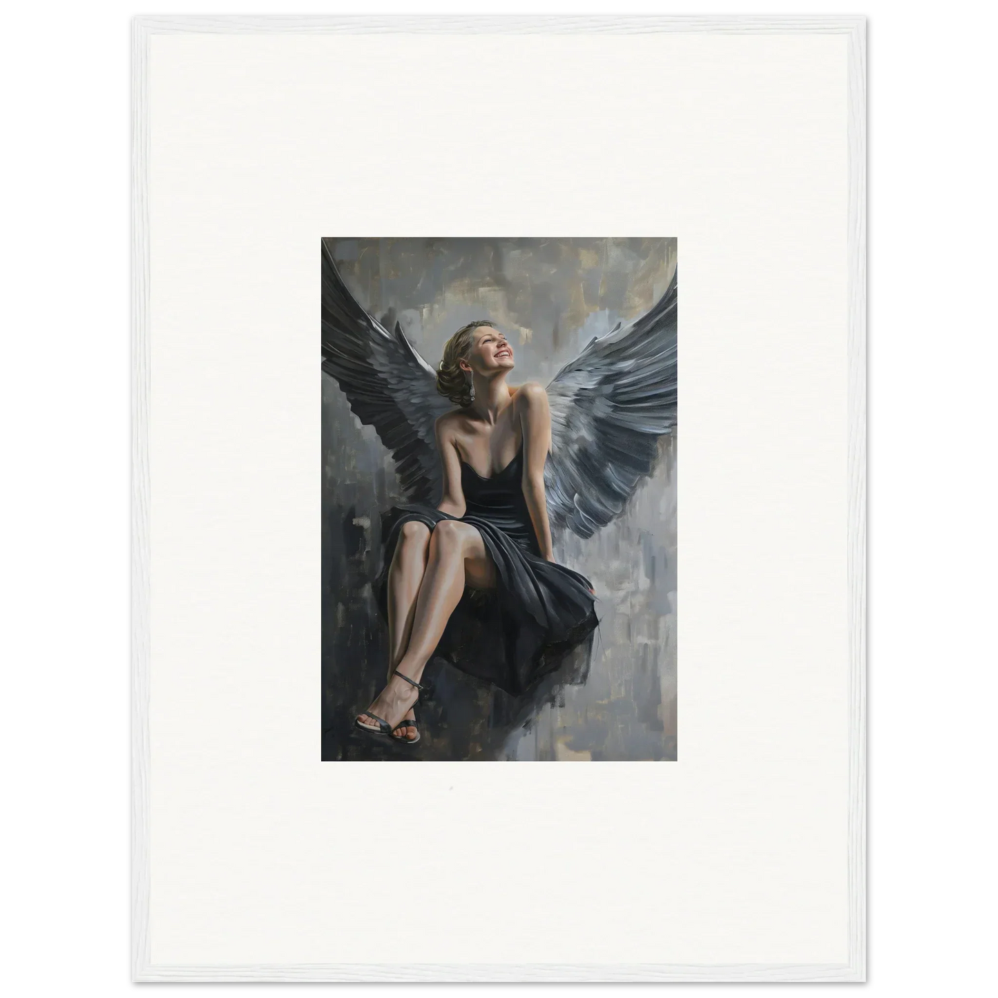 Winged figure in black dress on dark surface - perfect for your Ephemeral Reverie Willkommen canvas print room decoration