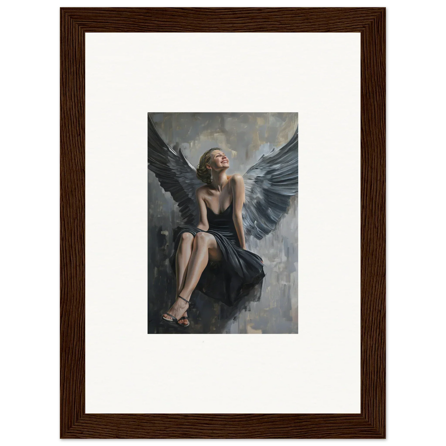 Framed canvas print of a winged figure in a dark dress for unique Room Decoration