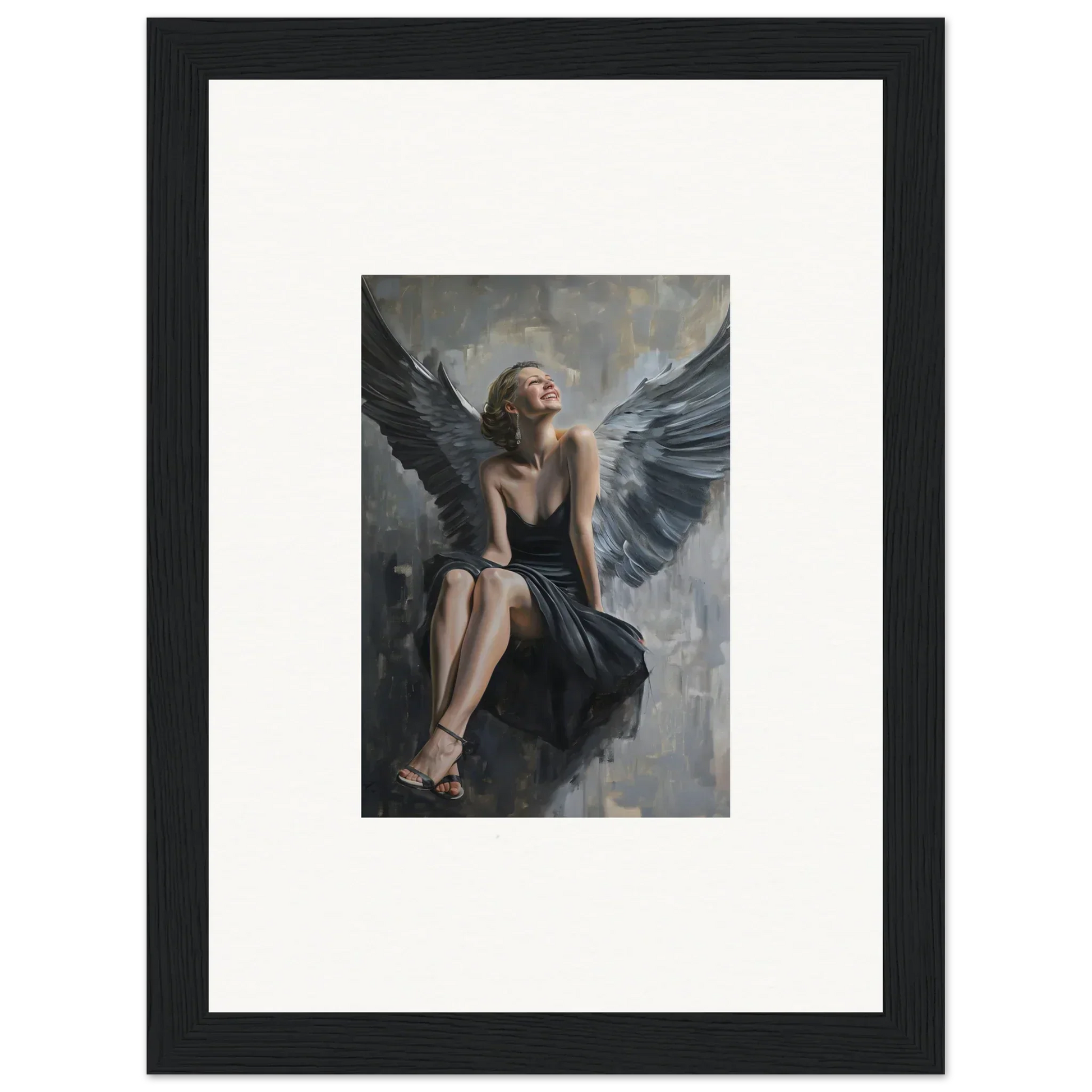 Framed canvas print of a winged figure in dark dress for stunning room decoration