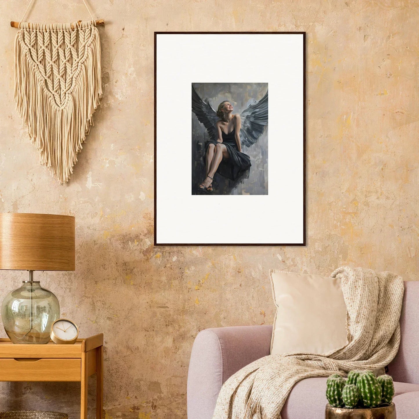 Framed canvas print of a winged figure for stylish room decoration in Reverie Willkommen