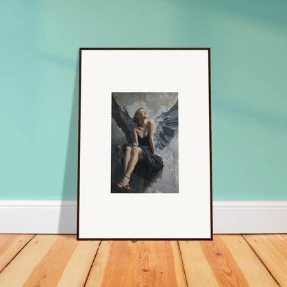 Framed Ephemeral Reverie Willkommen canvas print of a winged figure on a rock for room decoration