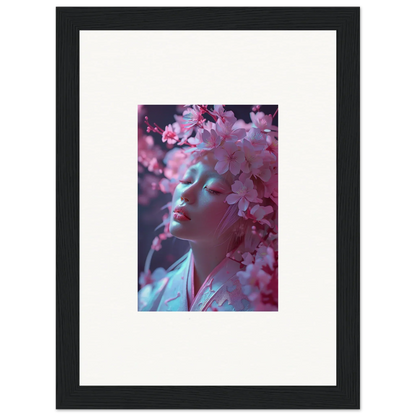 Framed photograph of a person among pink cherry blossoms for sakura dreams room decoration