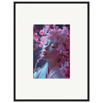 Framed canvas print of Sakura Dreams with pink cherry blossoms and a shadowy profile