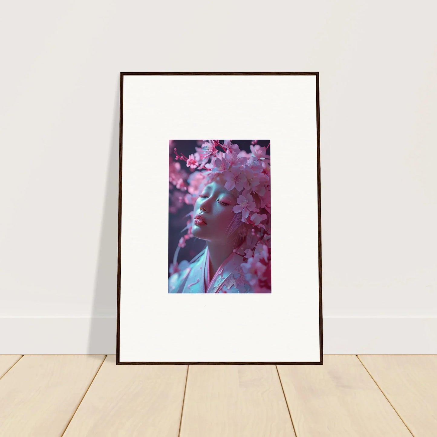 Framed photograph of a figure among pink cherry blossoms for Sakura Dreams room decoration