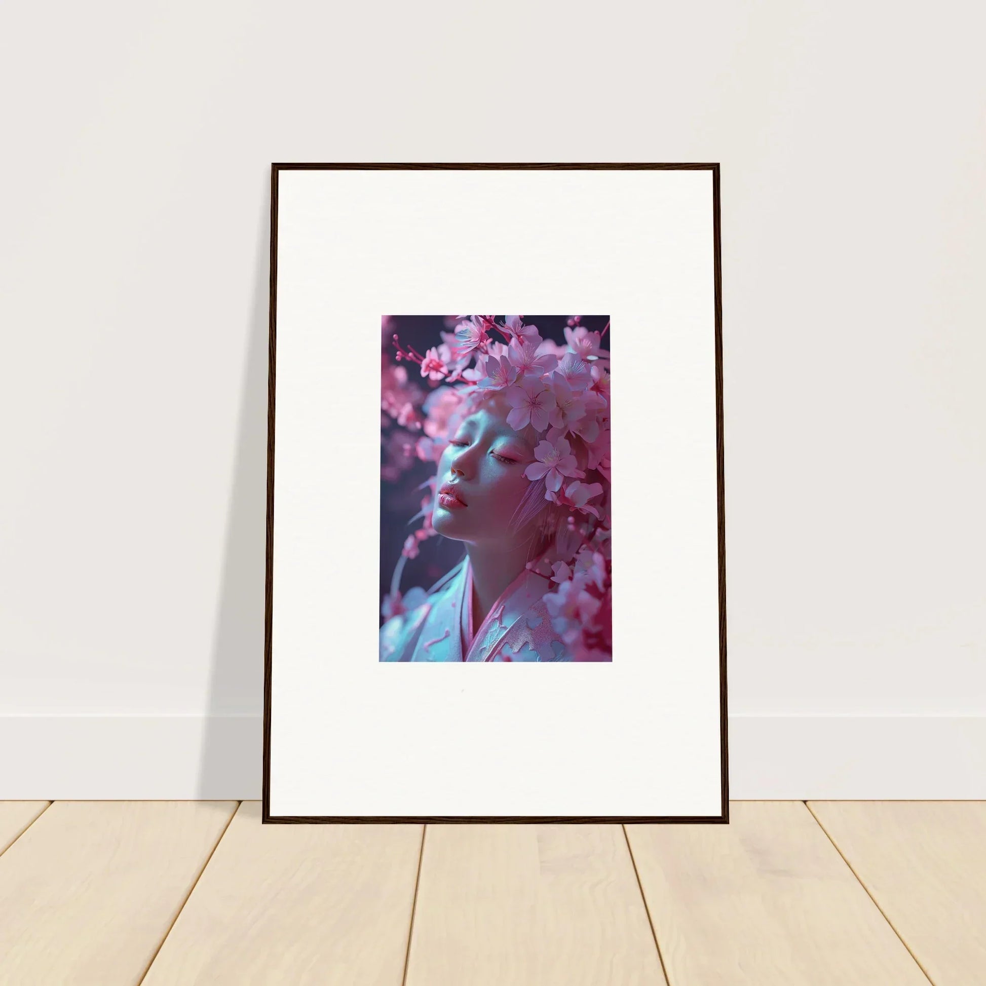 Framed photograph of a figure among pink cherry blossoms for Sakura Dreams room decoration