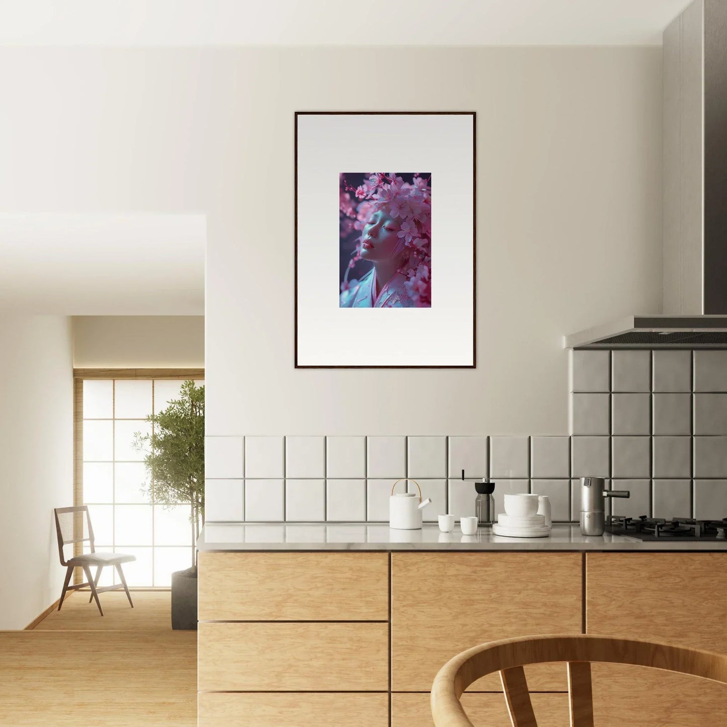 Framed canvas print of Ephemeral Sakura Dreams in purple and blue for stylish room decoration