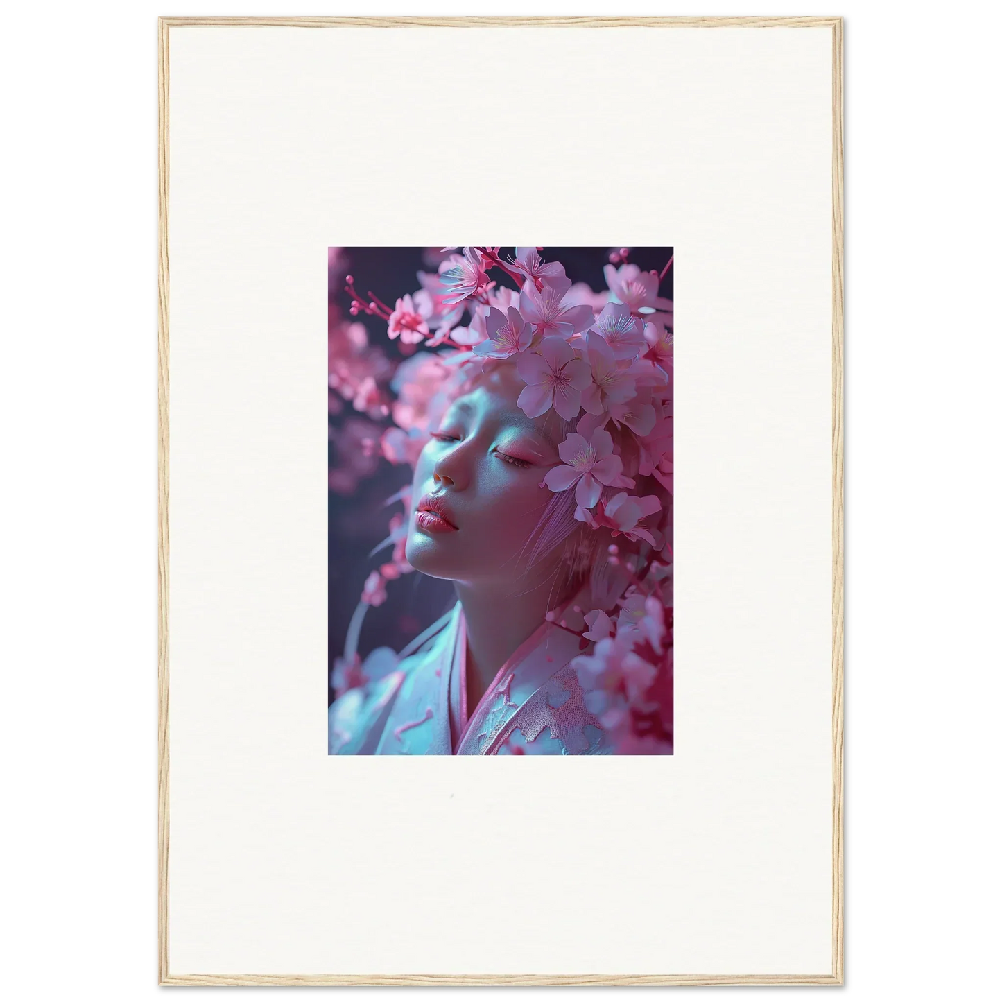 Framed canvas print of Sakura Dreams featuring cherry blossoms and a shadowy profile